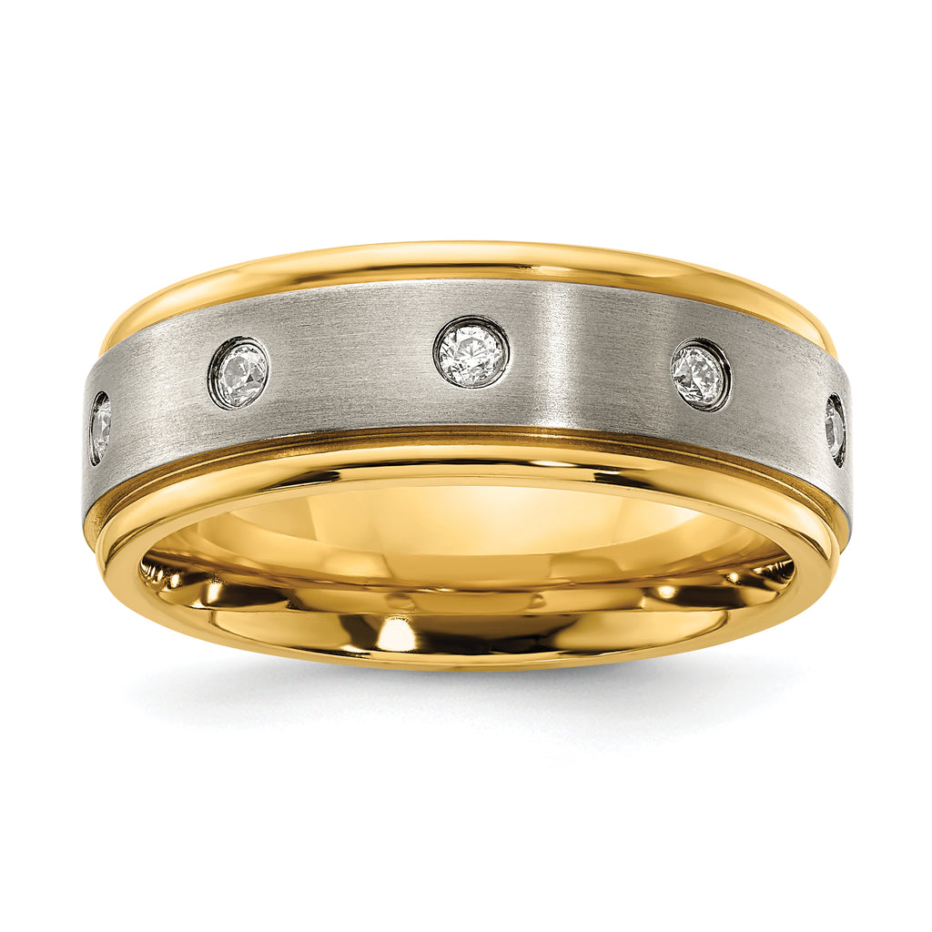 Chisel Titanium Polished with Brushed Center Yellow IP-plated CZ 8.00mm Band