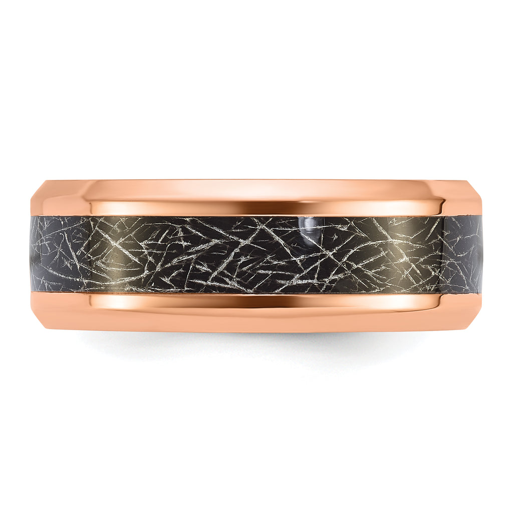 Chisel Titanium Polished Rose IP-plated Synthetic Leather Inlay in Clear Epoxy 8mm Band