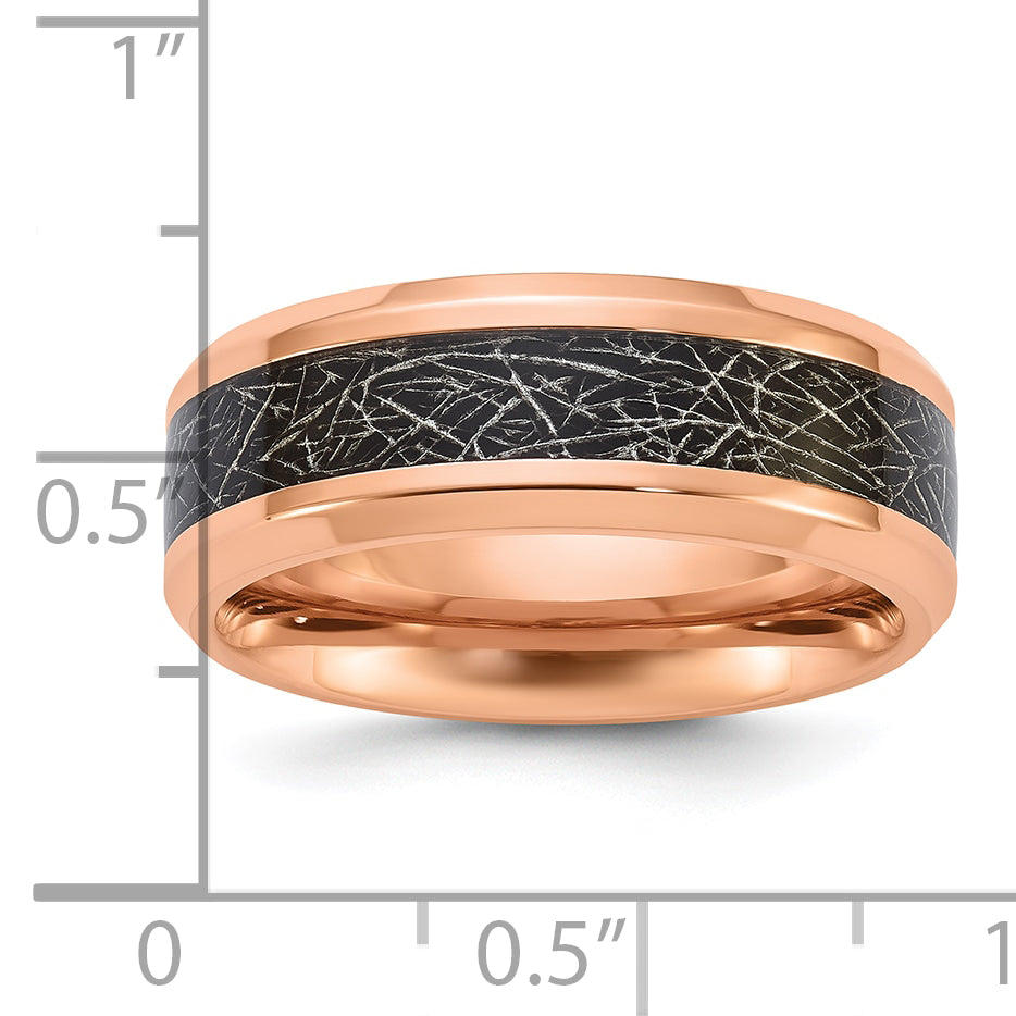 Chisel Titanium Polished Rose IP-plated Synthetic Leather Inlay in Clear Epoxy 8mm Band