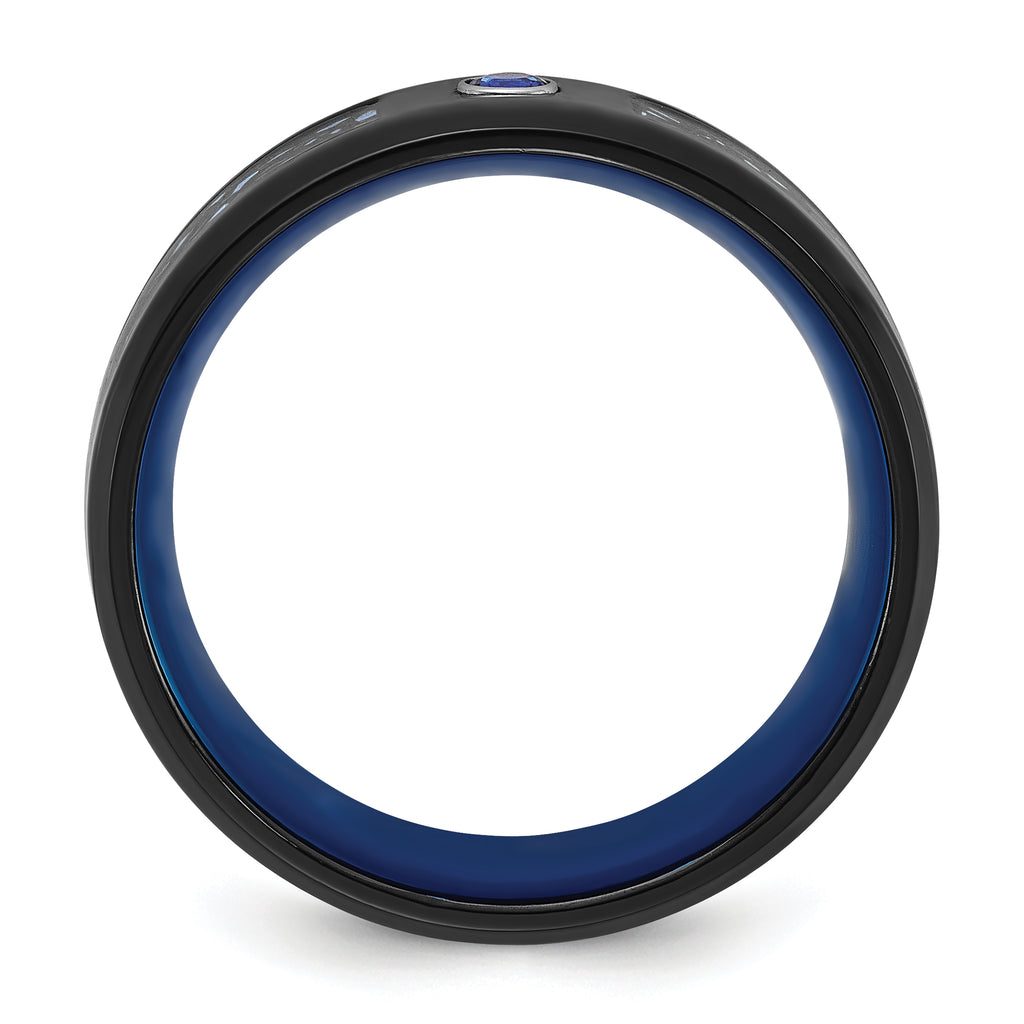 Chisel Titanium Polished Black and Blue IP-plated with Blue CZ Carbon Fiber Inlay in Clear Epoxy 8mm Band