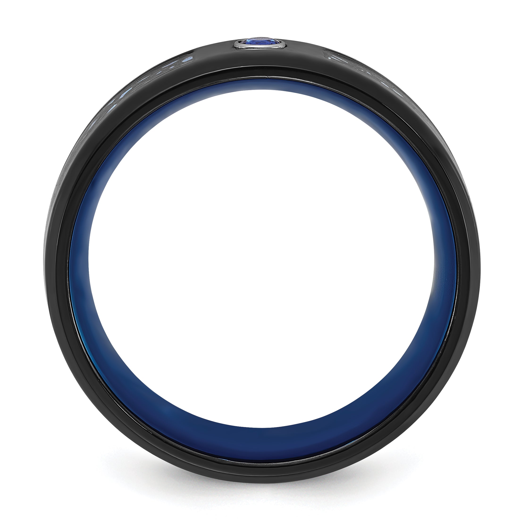Chisel Titanium Polished Black and Blue IP-plated with Blue CZ Carbon Fiber Inlay in Clear Epoxy 8mm Band