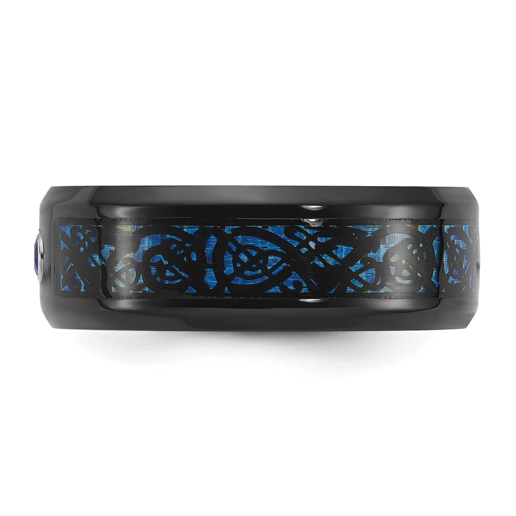 Chisel Titanium Polished Black and Blue IP-plated with Blue CZ Carbon Fiber Inlay in Clear Epoxy 8mm Band