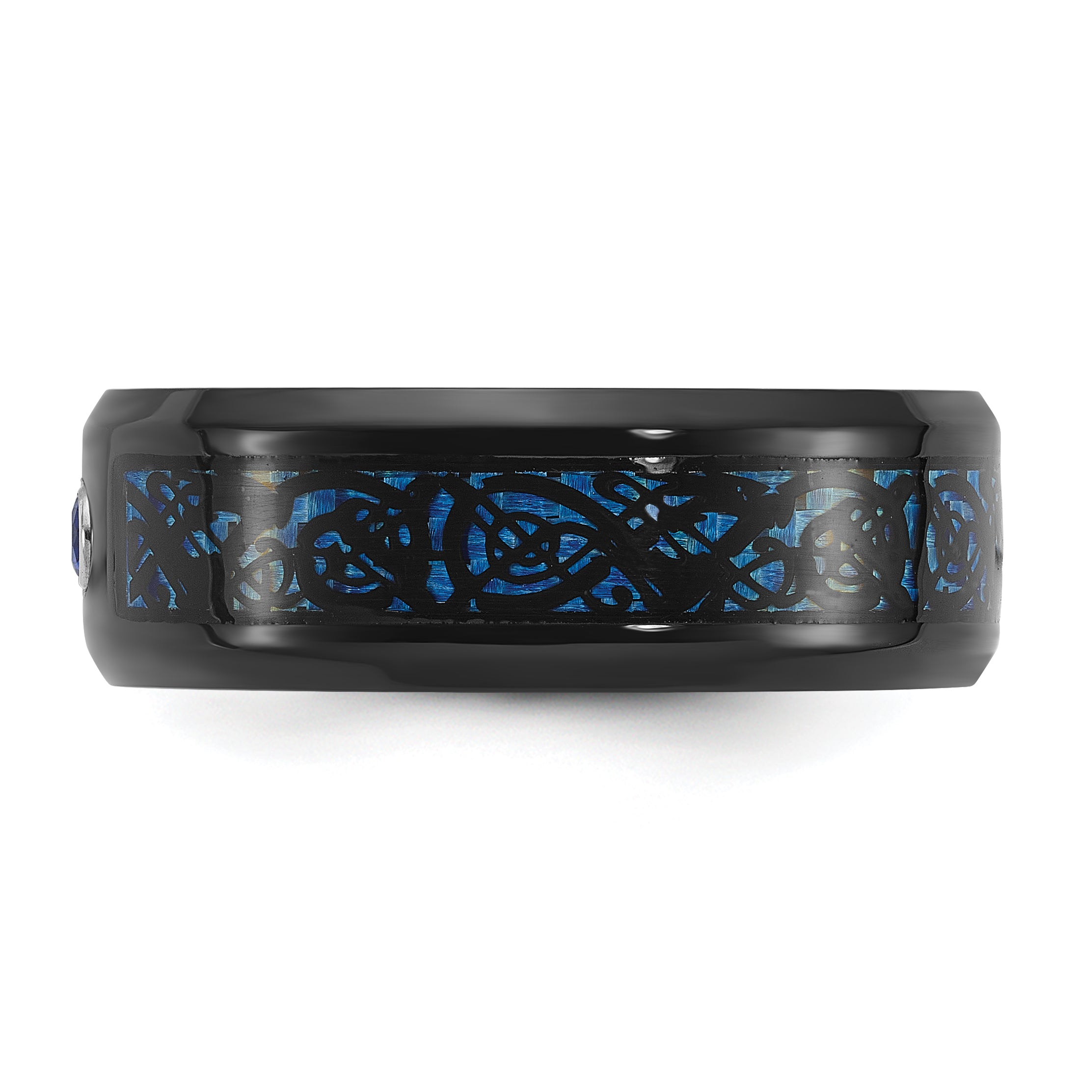 Chisel Titanium Polished Black and Blue IP-plated with Blue CZ Carbon Fiber Inlay in Clear Epoxy 8mm Band