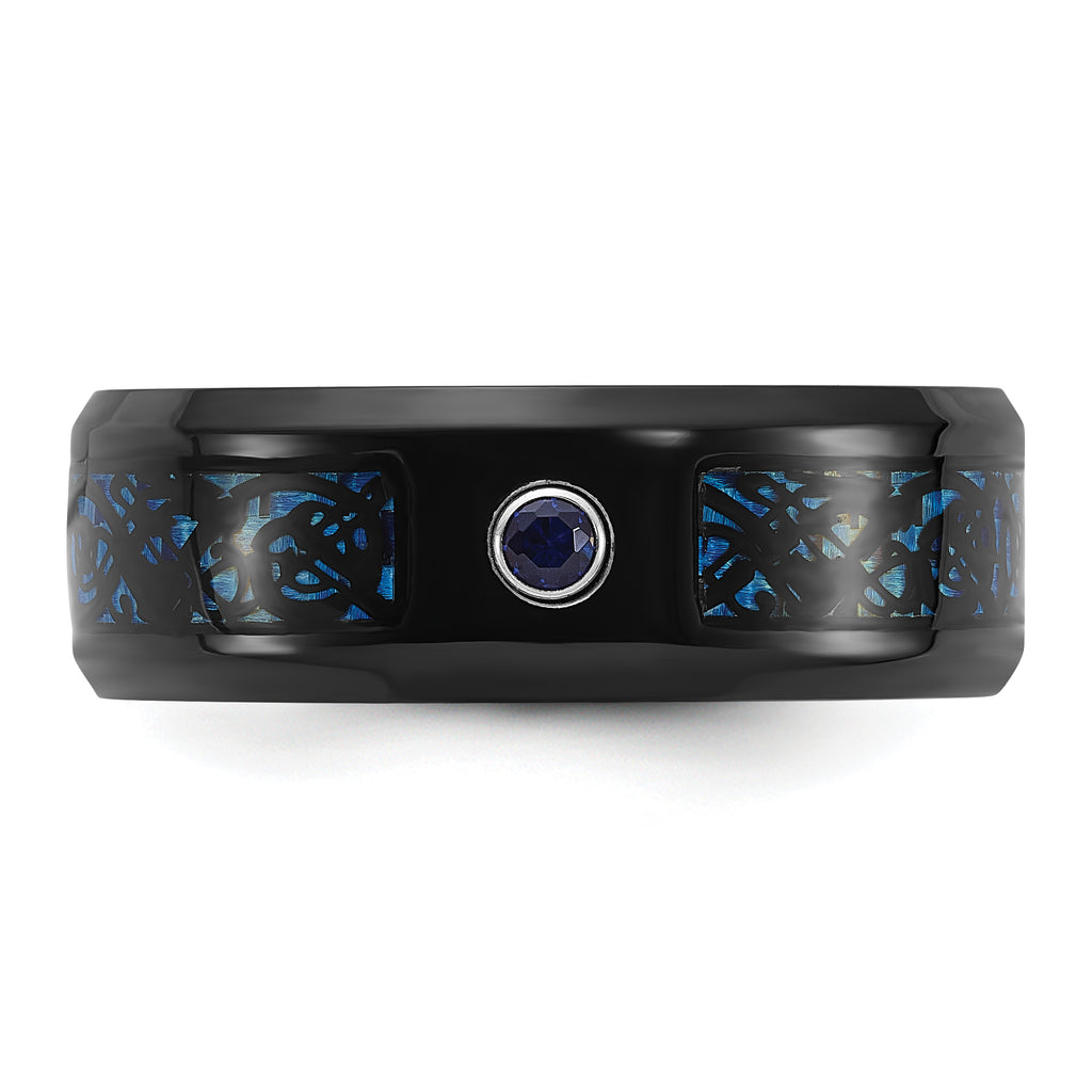 Chisel Titanium Polished Black and Blue IP-plated with Blue CZ Carbon Fiber Inlay in Clear Epoxy 8mm Band