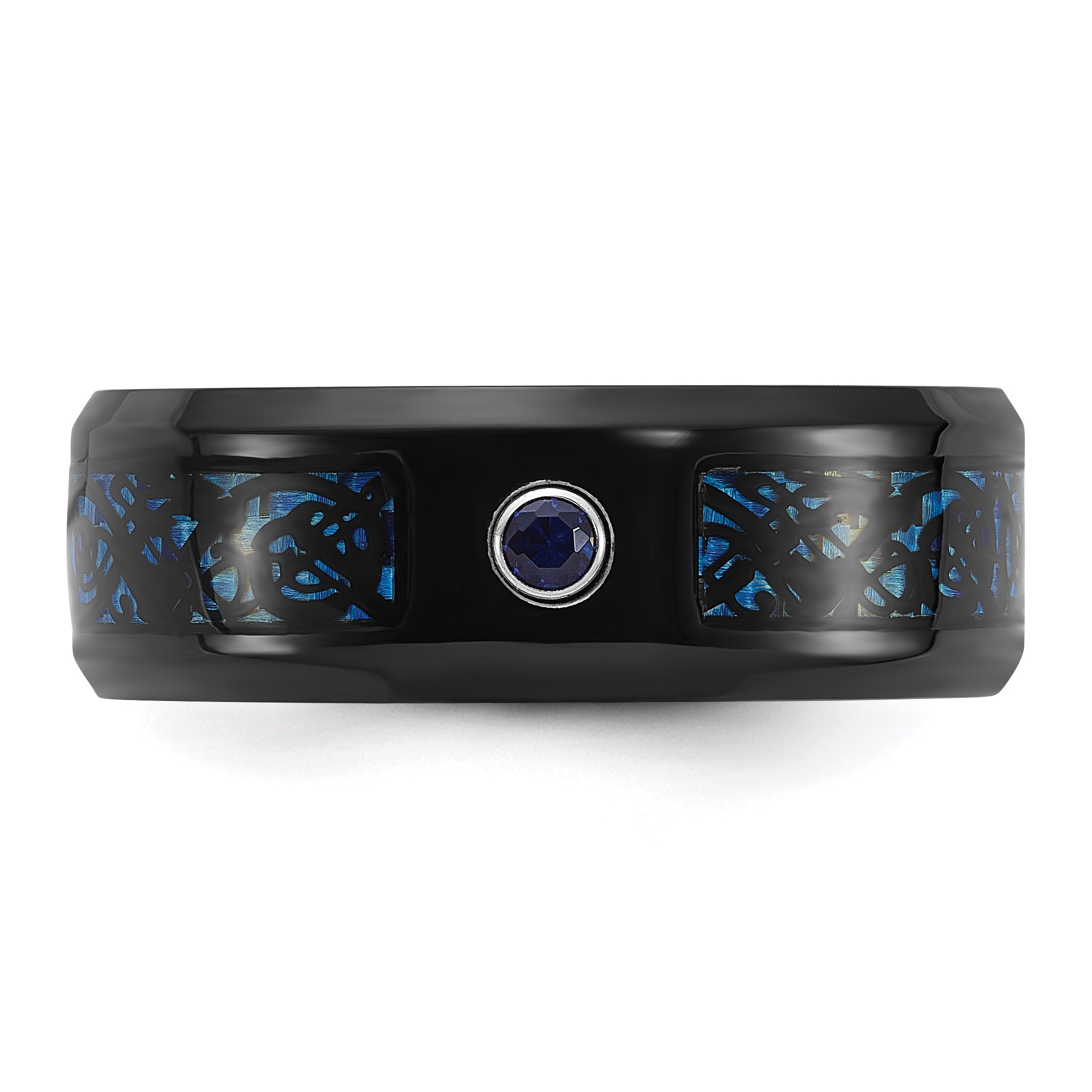 Chisel Titanium Polished Black and Blue IP-plated with Blue CZ Carbon Fiber Inlay in Clear Epoxy 8mm Band