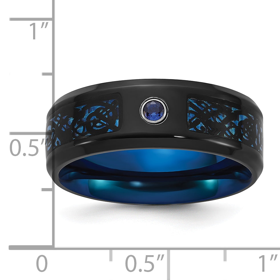 Chisel Titanium Polished Black and Blue IP-plated with Blue CZ Carbon Fiber Inlay in Clear Epoxy 8mm Band
