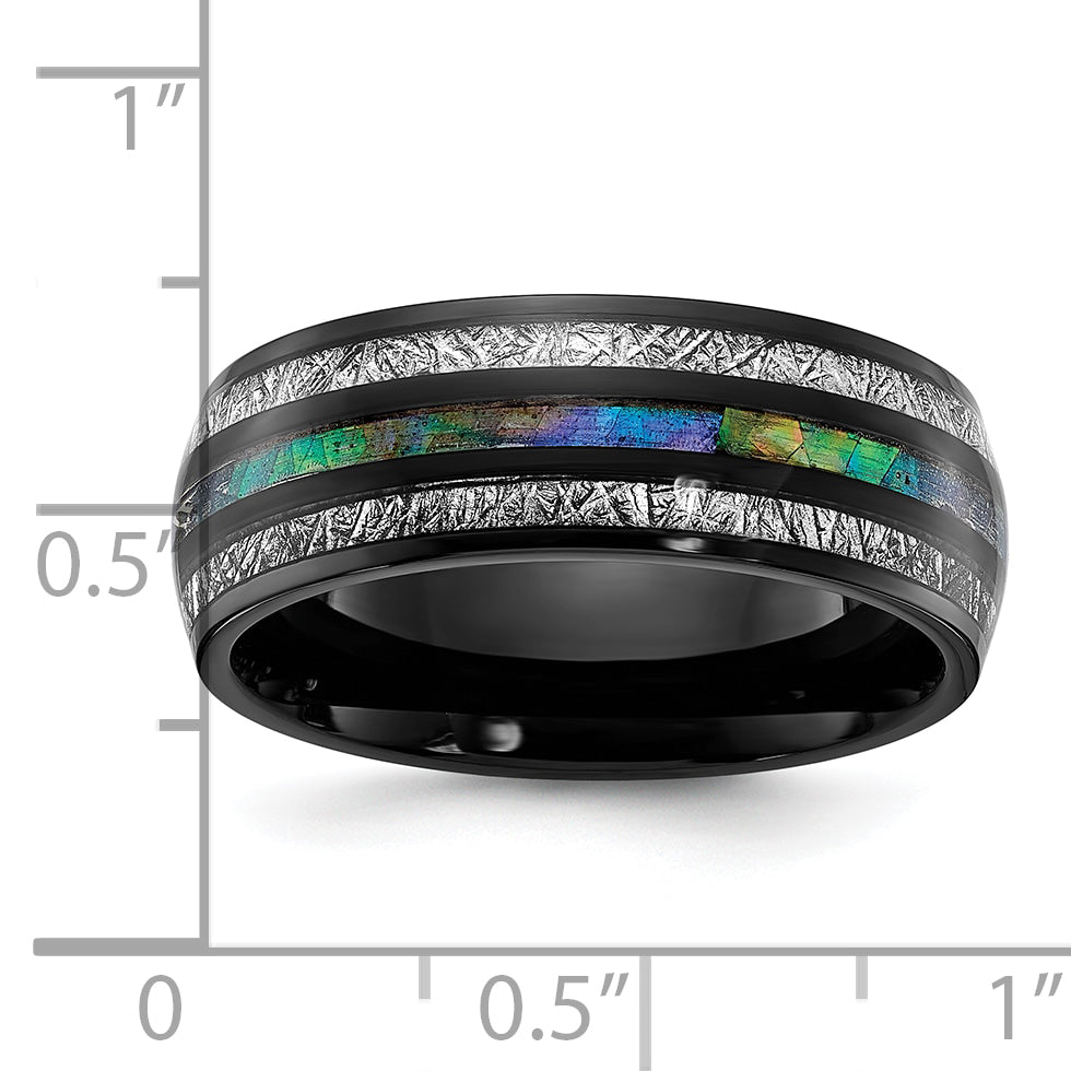 Chisel Titanium Polished Black IP-plated with Abalone and Imitation Meteorite Inlay 8mm Band