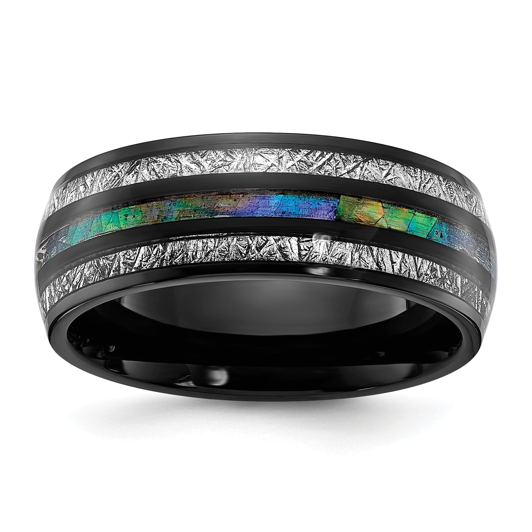 Chisel Titanium Polished Black IP-plated with Abalone and Imitation Meteorite Inlay 8mm Band Main image