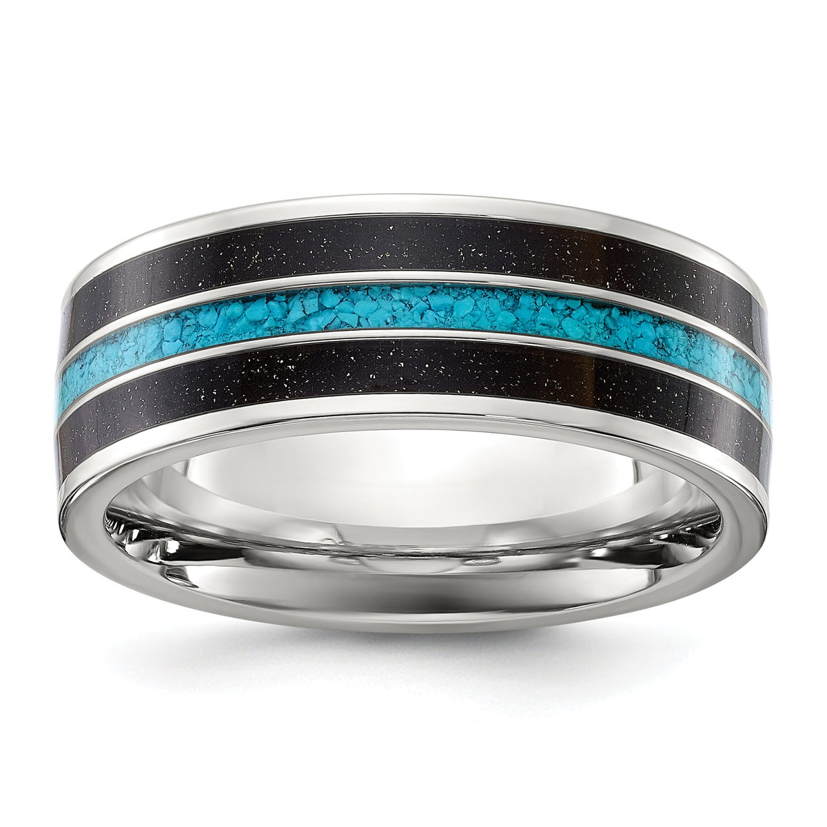 Inlay Wedding Band in Titanium with Turquoise & Sandstone, 8mm - Sophia Jewelers Main image