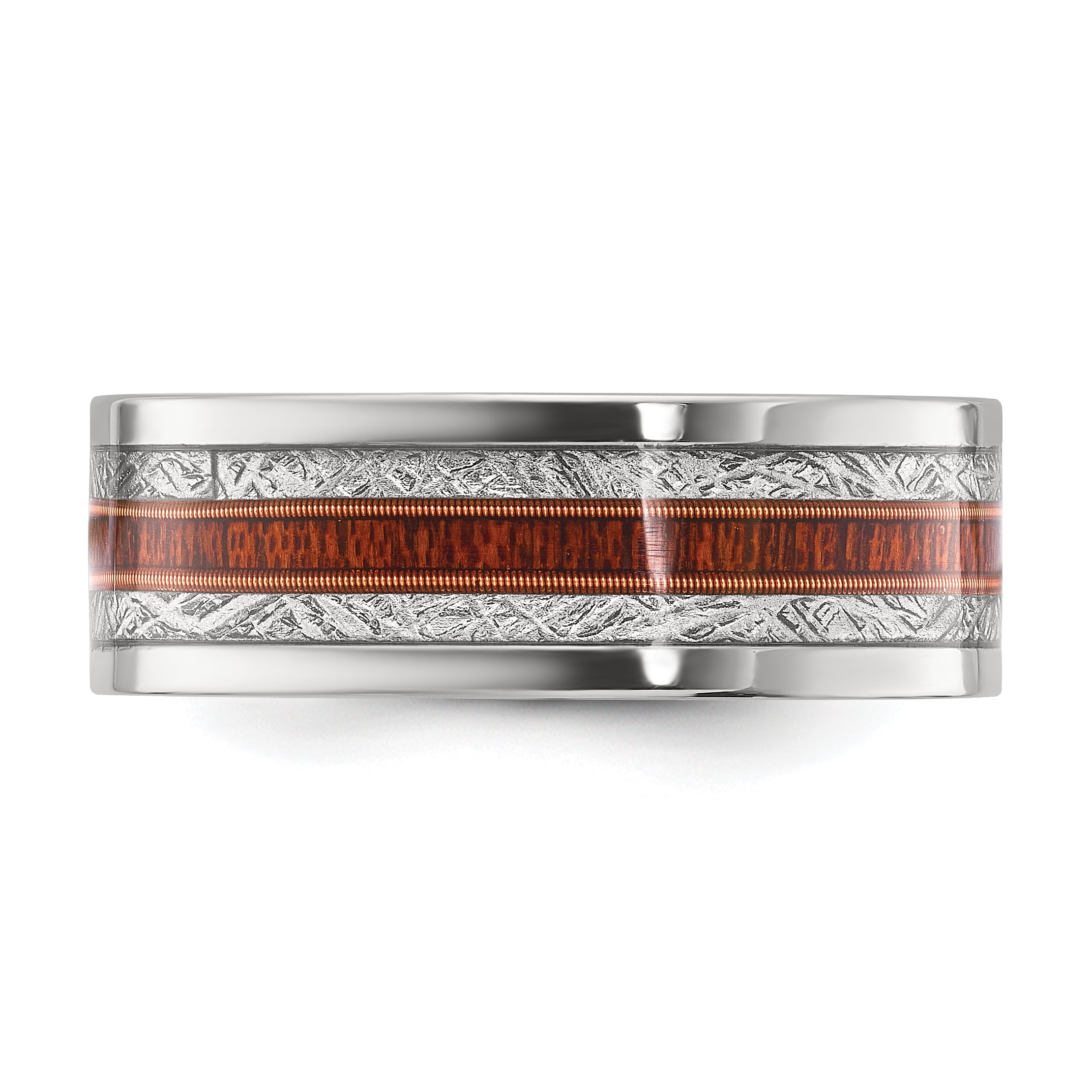 Chisel Titanium Polished with Wood and Imitation Meteorite Inlay 8mm Band