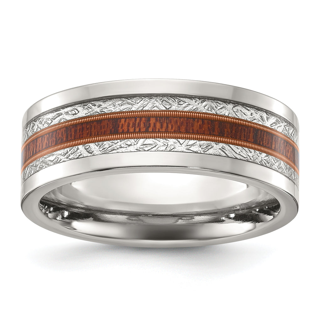Chisel Titanium Polished with Wood and Imitation Meteorite Inlay 8mm Band