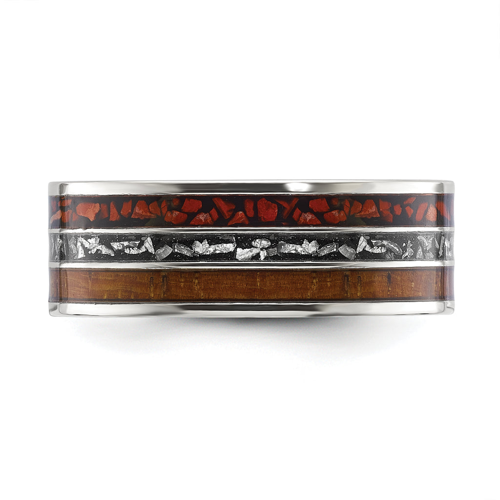 Chisel Titanium Polished with Wood, Imitation Meteorite and Red Stone Inlay 8mm Band