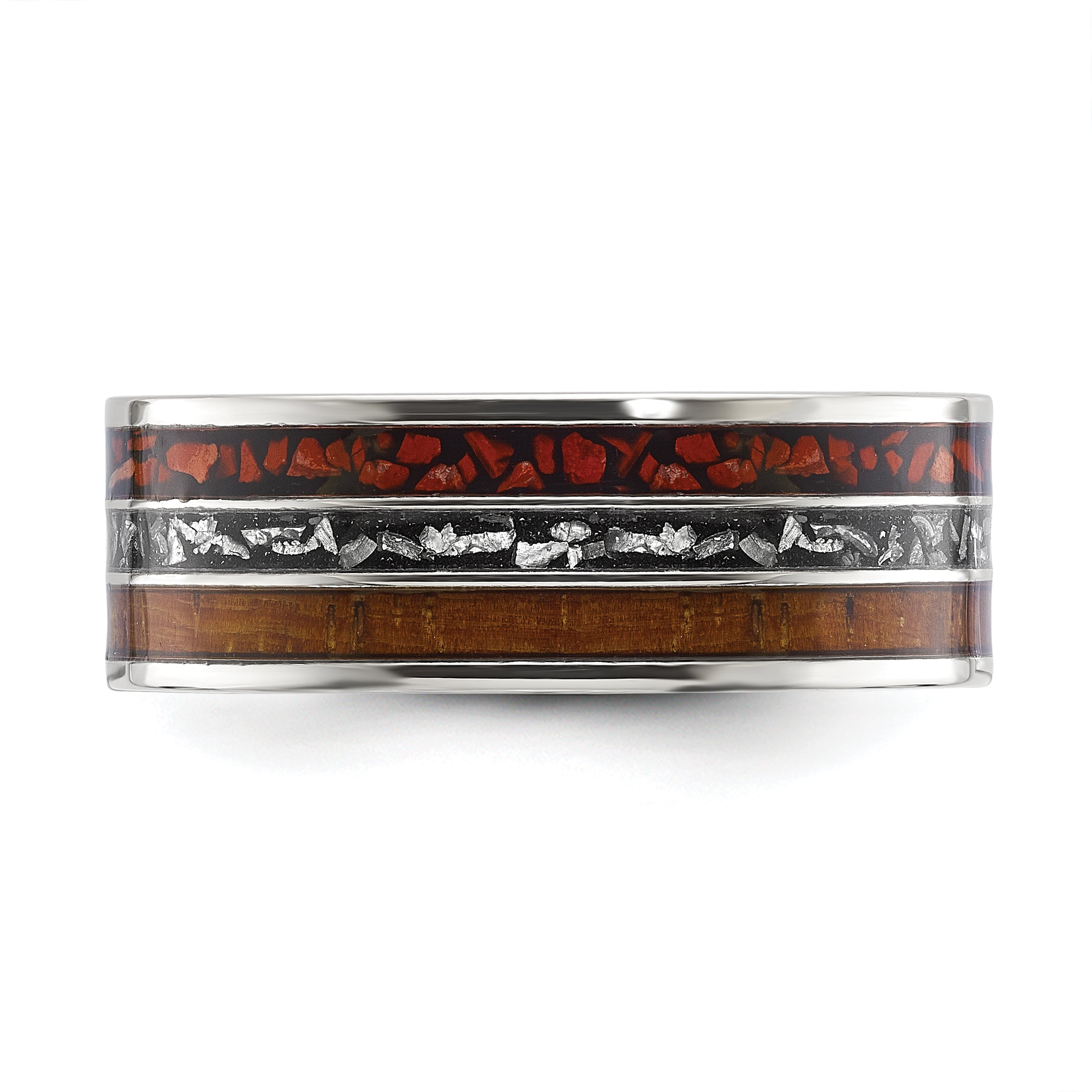 Chisel Titanium Polished with Wood, Imitation Meteorite and Red Stone Inlay 8mm Band