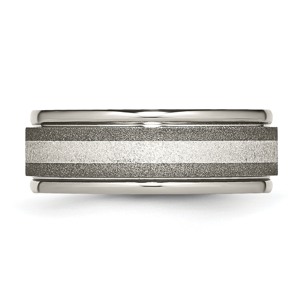 Chisel Titanium Polished with Sterling Silver Inlay Stone Finish Center Grooved Band