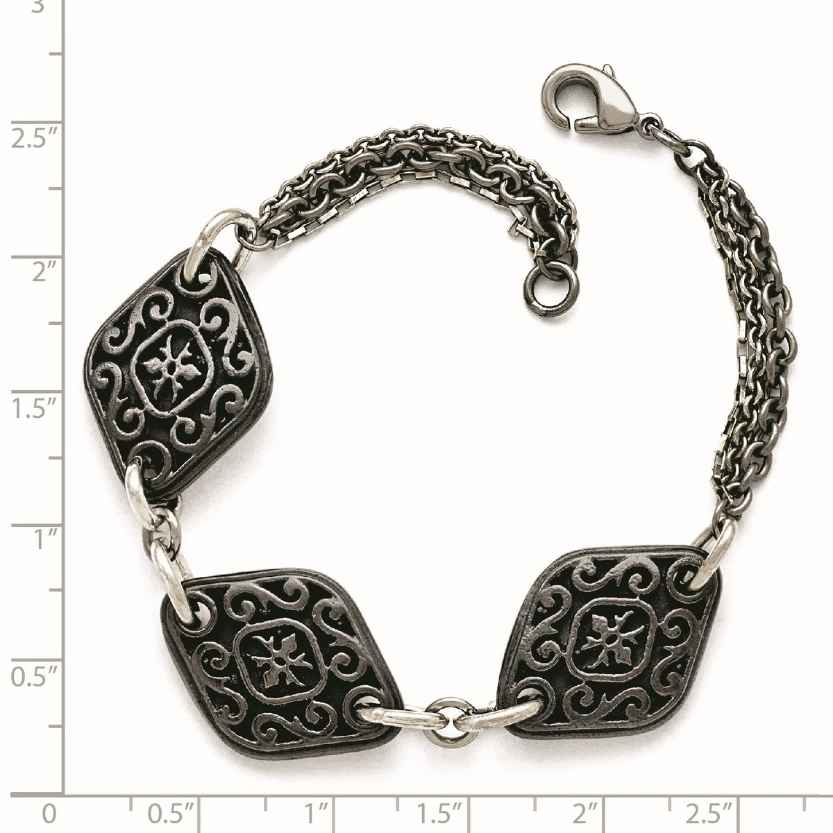 Etched Three-Charm Bracelet in Titanium/Silver Two-Tone, 7.8 Inch - Sophia Jewelers