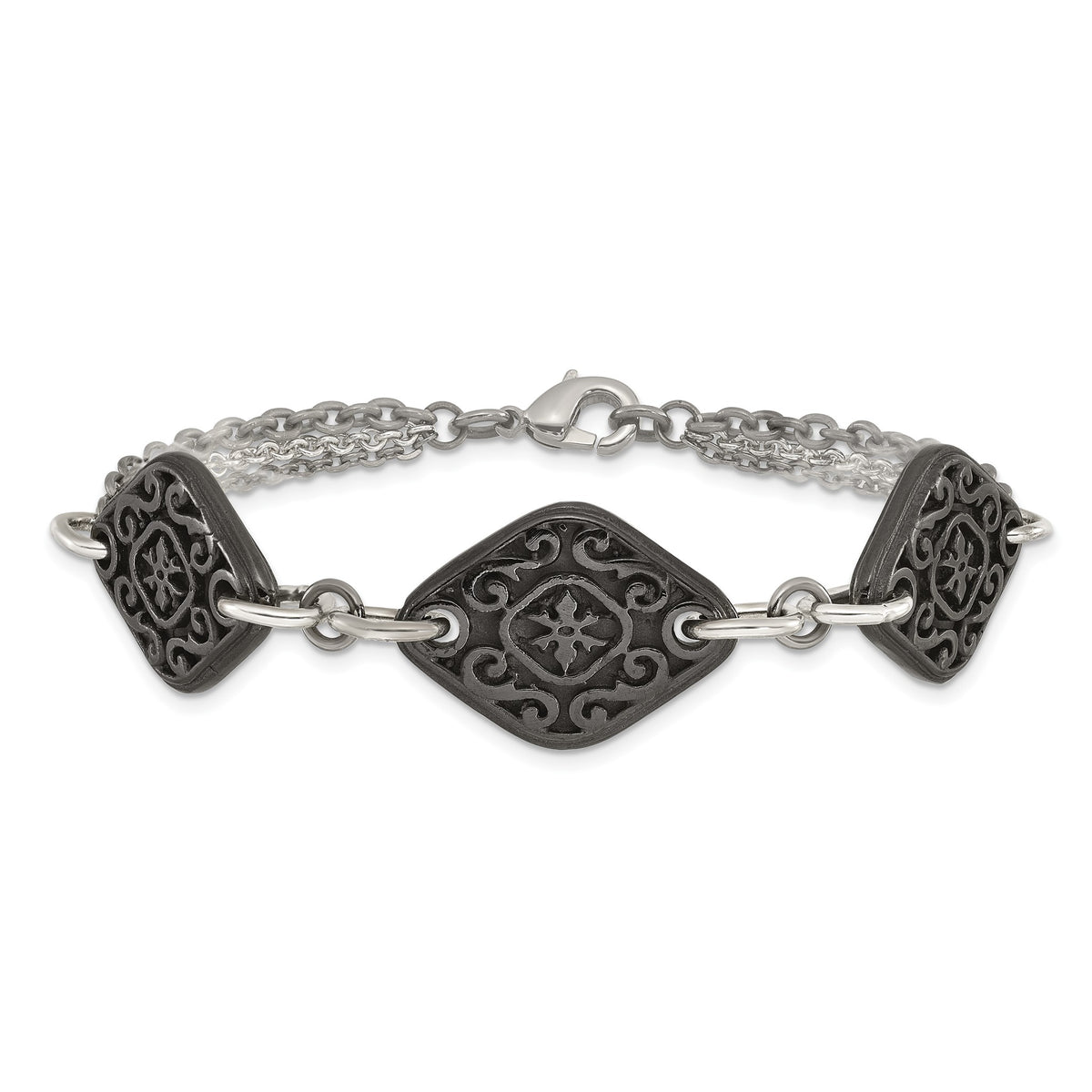 Etched Three-Charm Bracelet in Titanium/Silver Two-Tone, 7.8 Inch - Sophia Jewelers