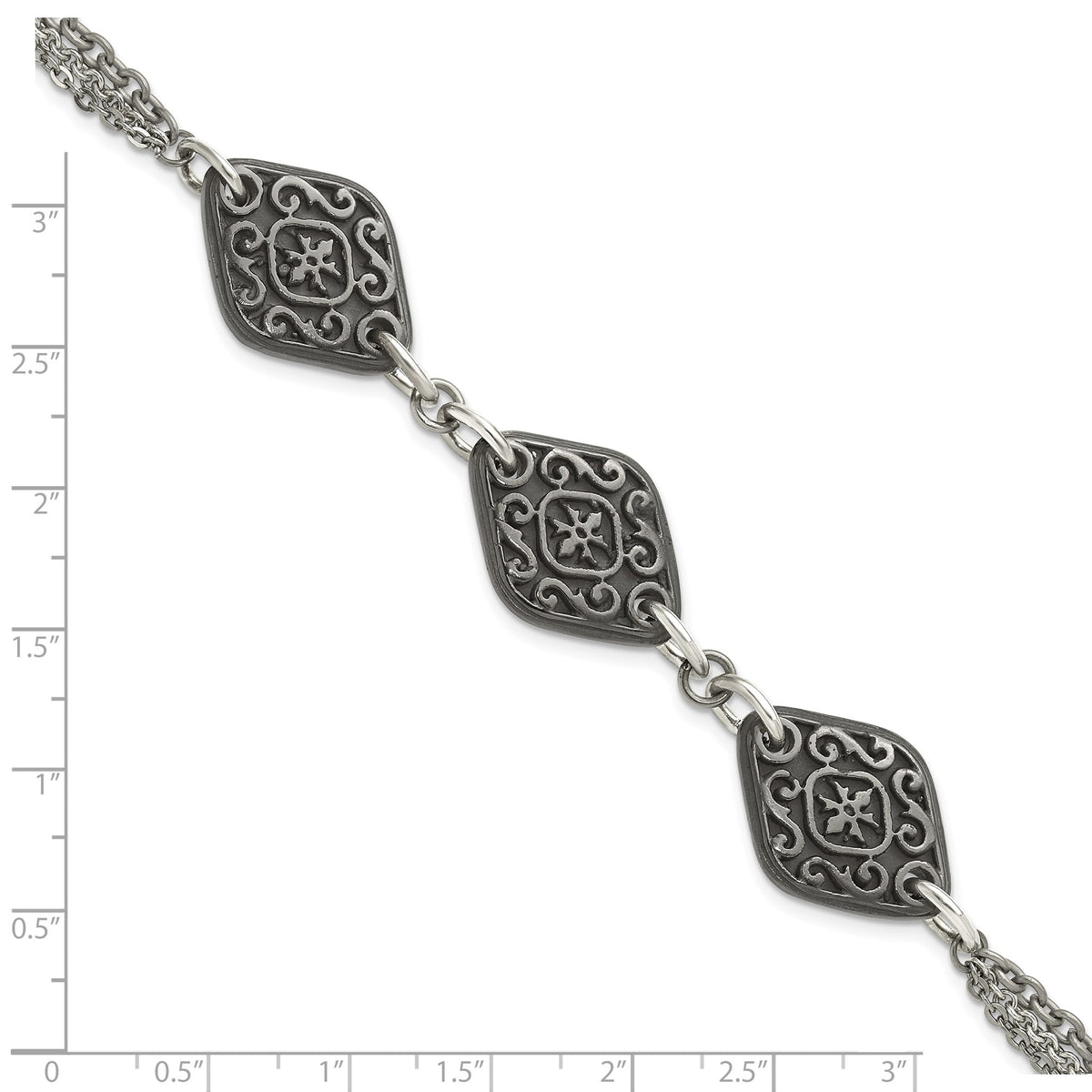 Etched Three-Charm Bracelet in Titanium/Silver Two-Tone, 7.8 Inch - Sophia Jewelers