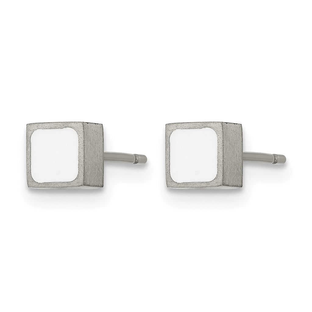 Titanium Enamel Brushed Square Cubic Zirconia Button Earrings