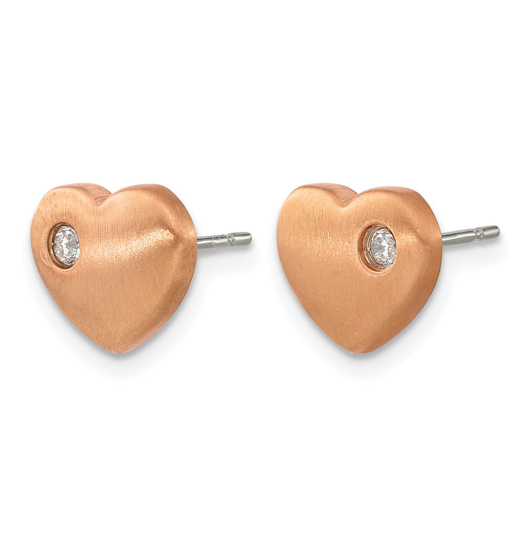 Titanium Rose Gold-Tone Polished & Brushed Heart Cubic Zirconia Button Earrings for Women