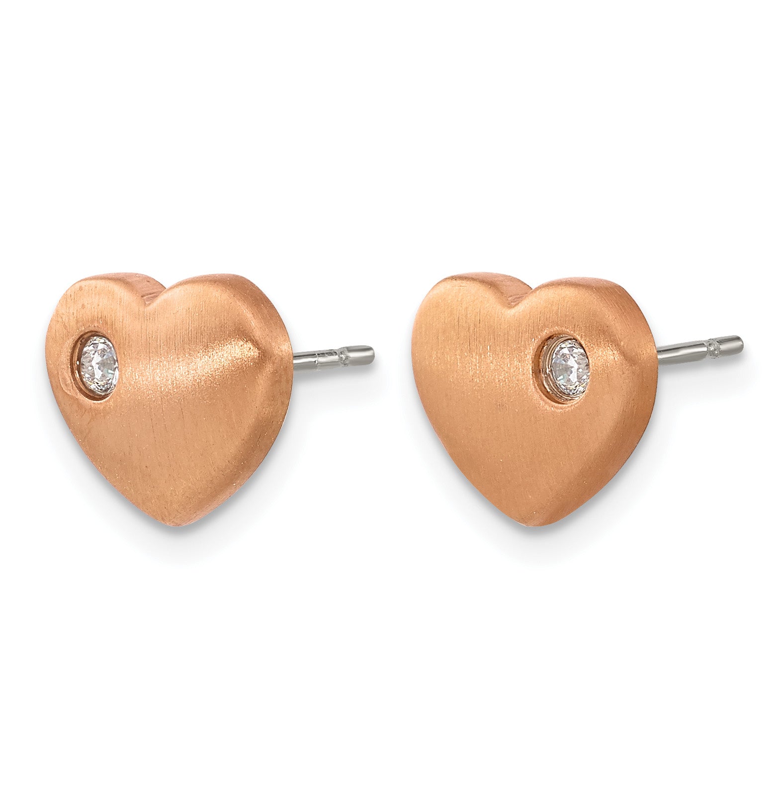 Titanium Rose Gold-Tone Polished & Brushed Heart Cubic Zirconia Button Earrings for Women