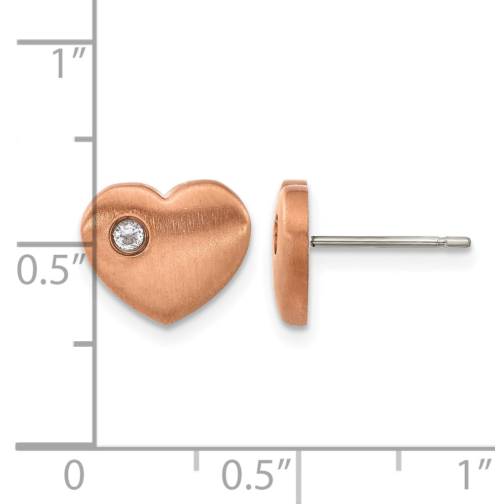Titanium Rose Gold-Tone Polished & Brushed Heart Cubic Zirconia Button Earrings for Women
