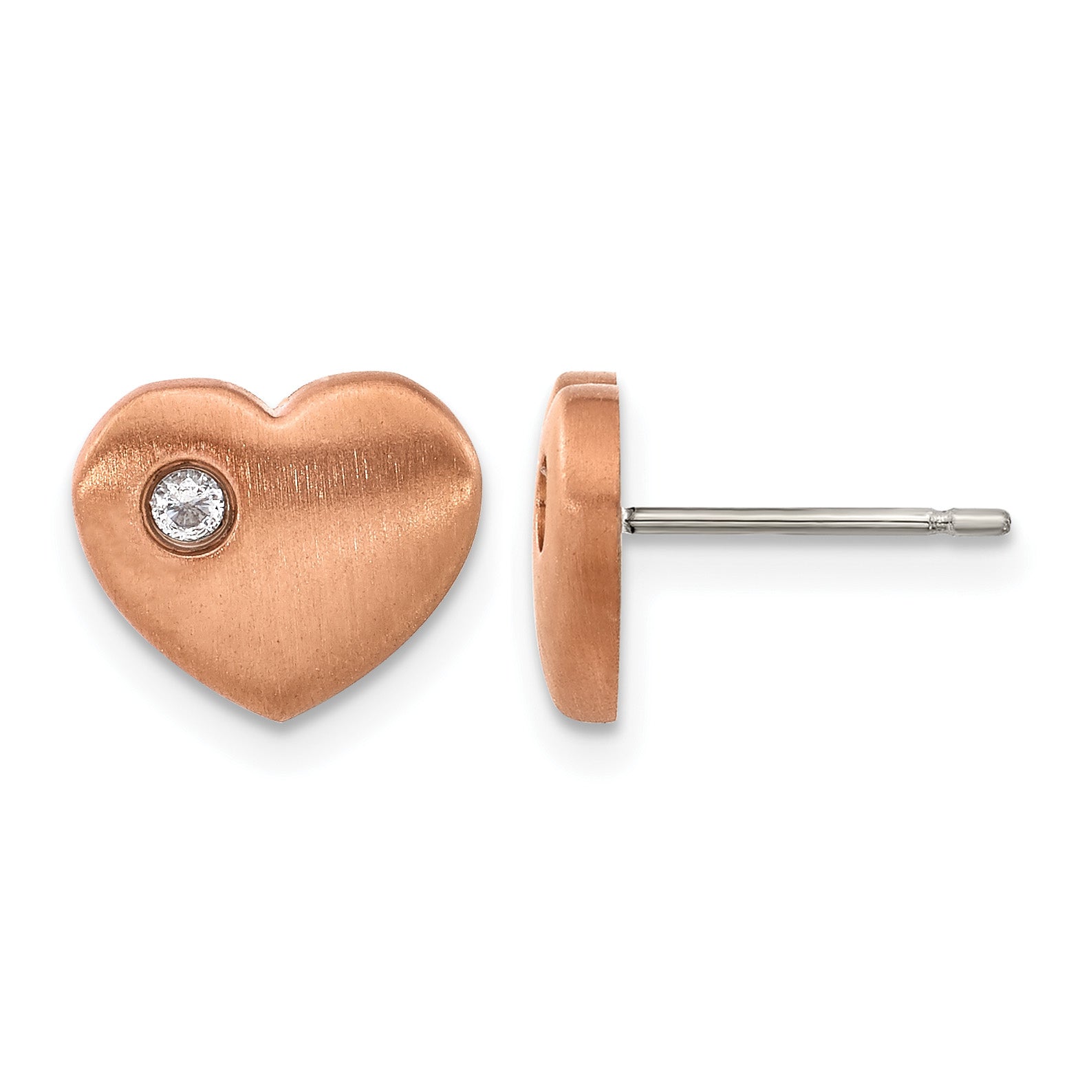Titanium Rose Gold-Tone Polished & Brushed Heart Cubic Zirconia Button Earrings for Women Main image