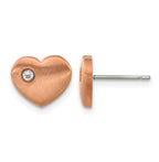 Titanium Rose Gold-Tone Polished & Brushed Heart Cubic Zirconia Button Earrings for Women