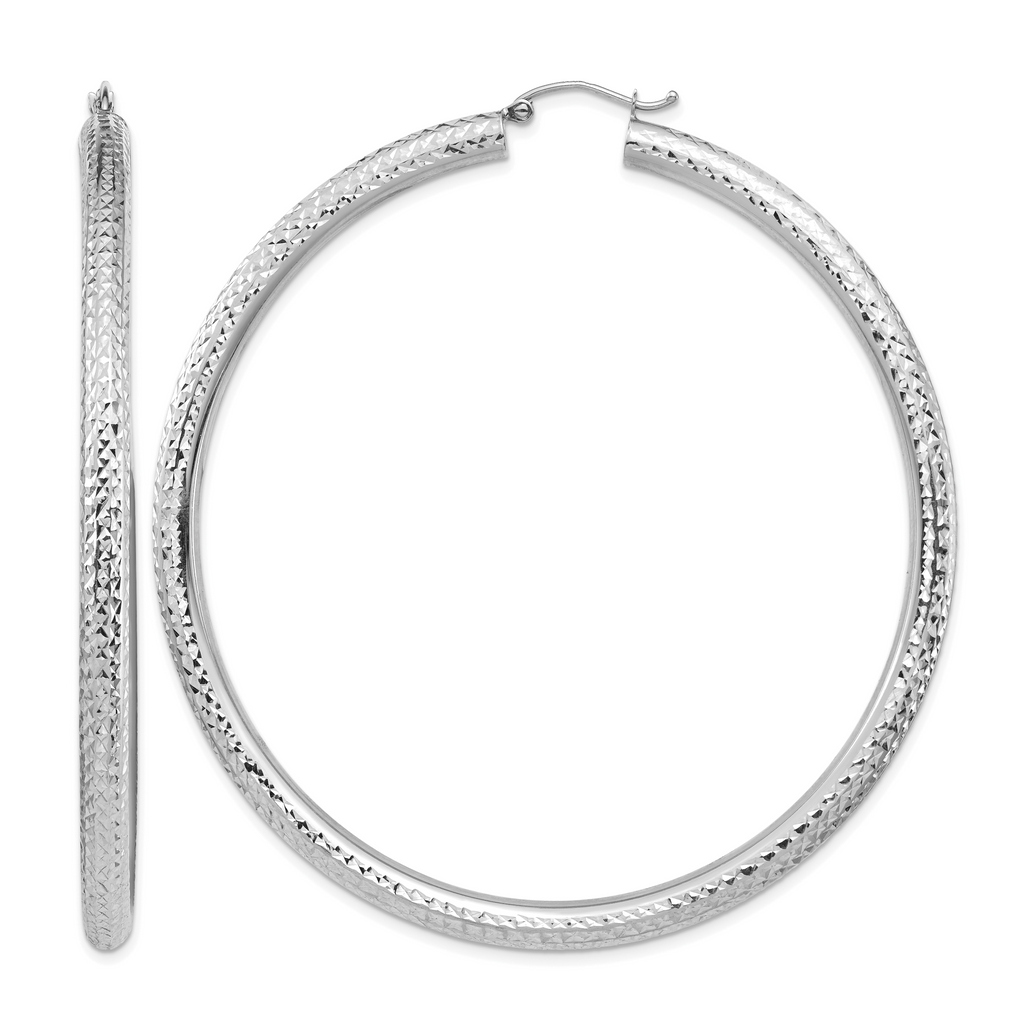 14k White Gold 4x70mm Diamond-cut Lightweight Round Tube Hoop Earrings