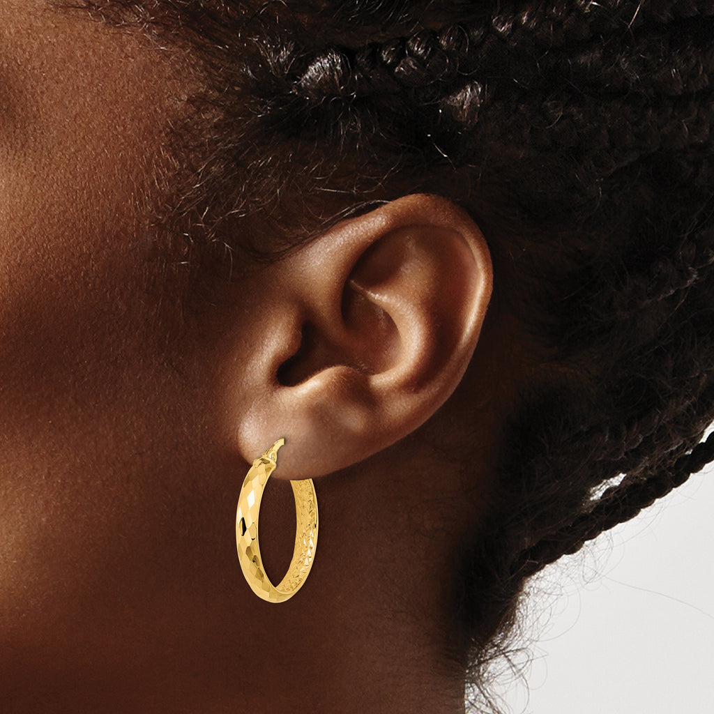 14K Polished and Textured Diamond-cut Inside Fancy Hoop Earrings