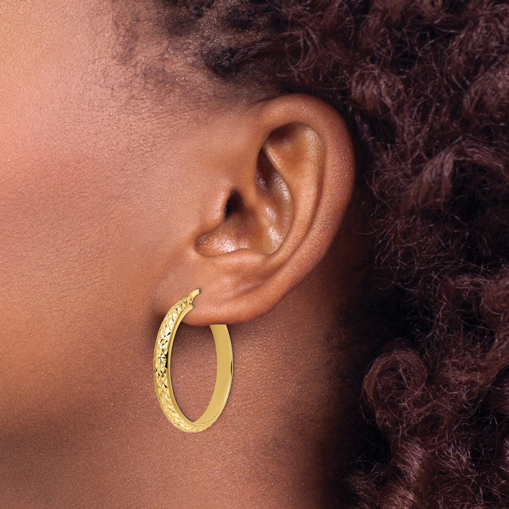 14K Polished Diamond Cut Hoop Earrings