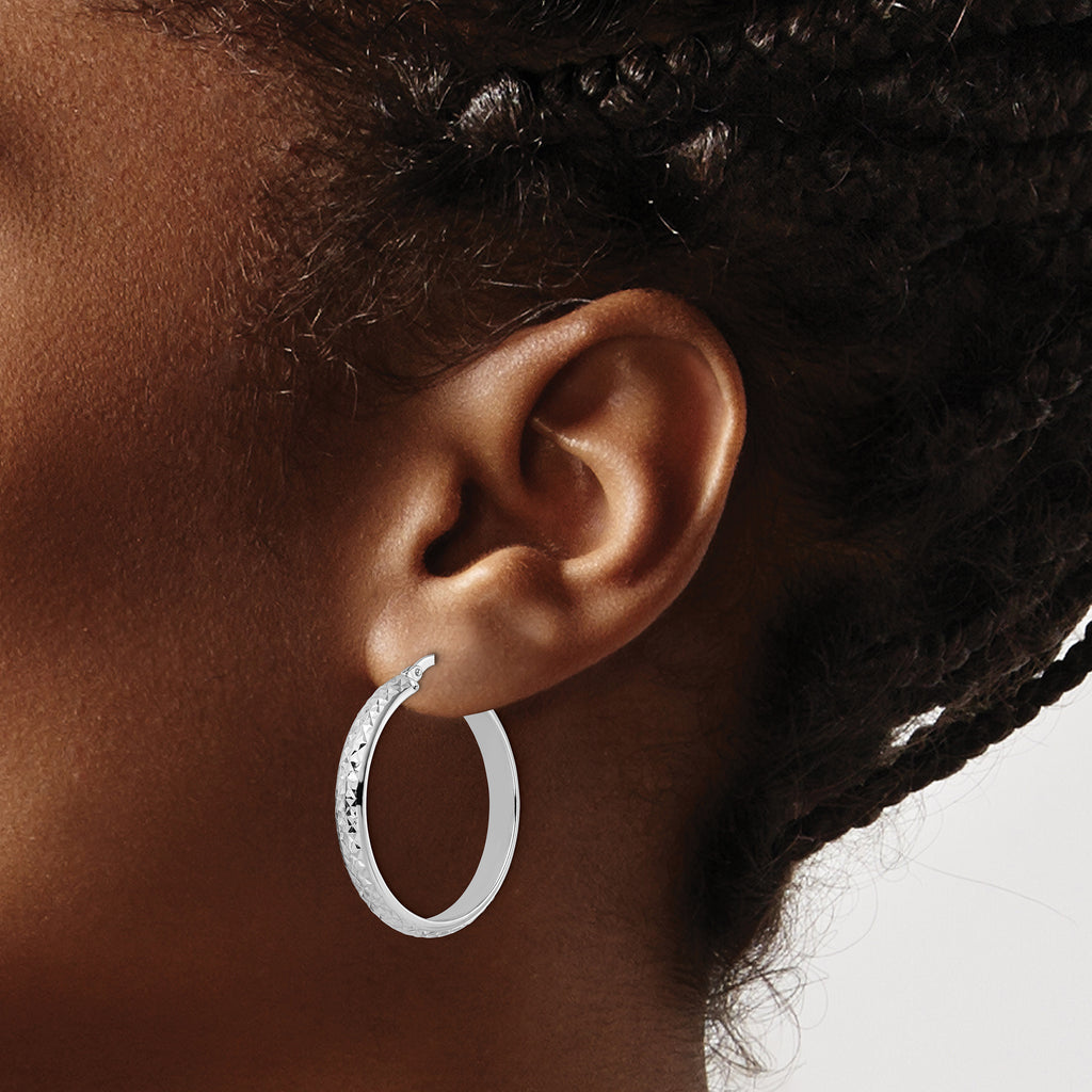 14K White Gold Diamond Cut Hoop Earrings