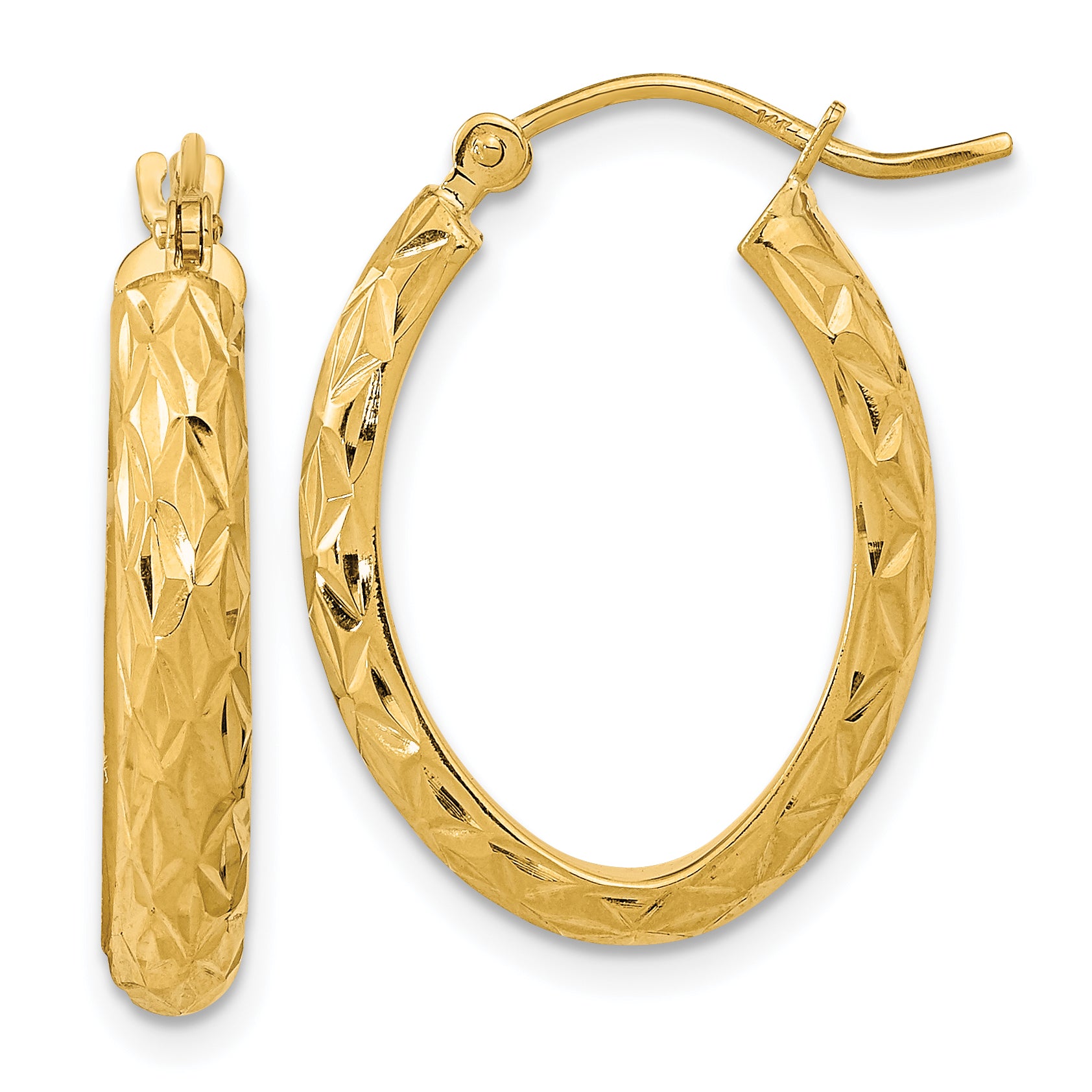 14K Polished Diamond-cut Fancy Oval Hoop Earrings Main image