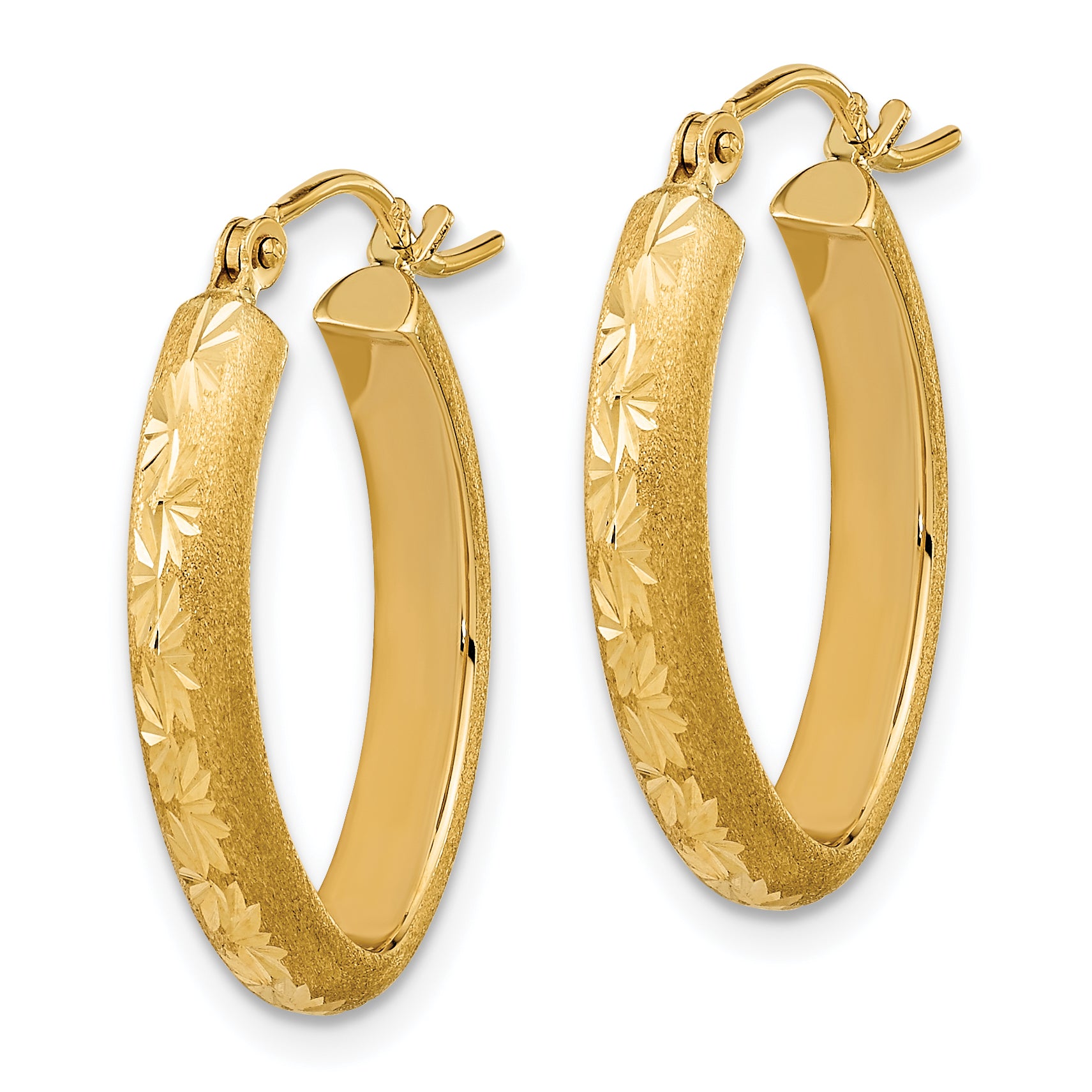 14K Polished and Satin Diamond-cut Oval Hoop Earrings Secondary image