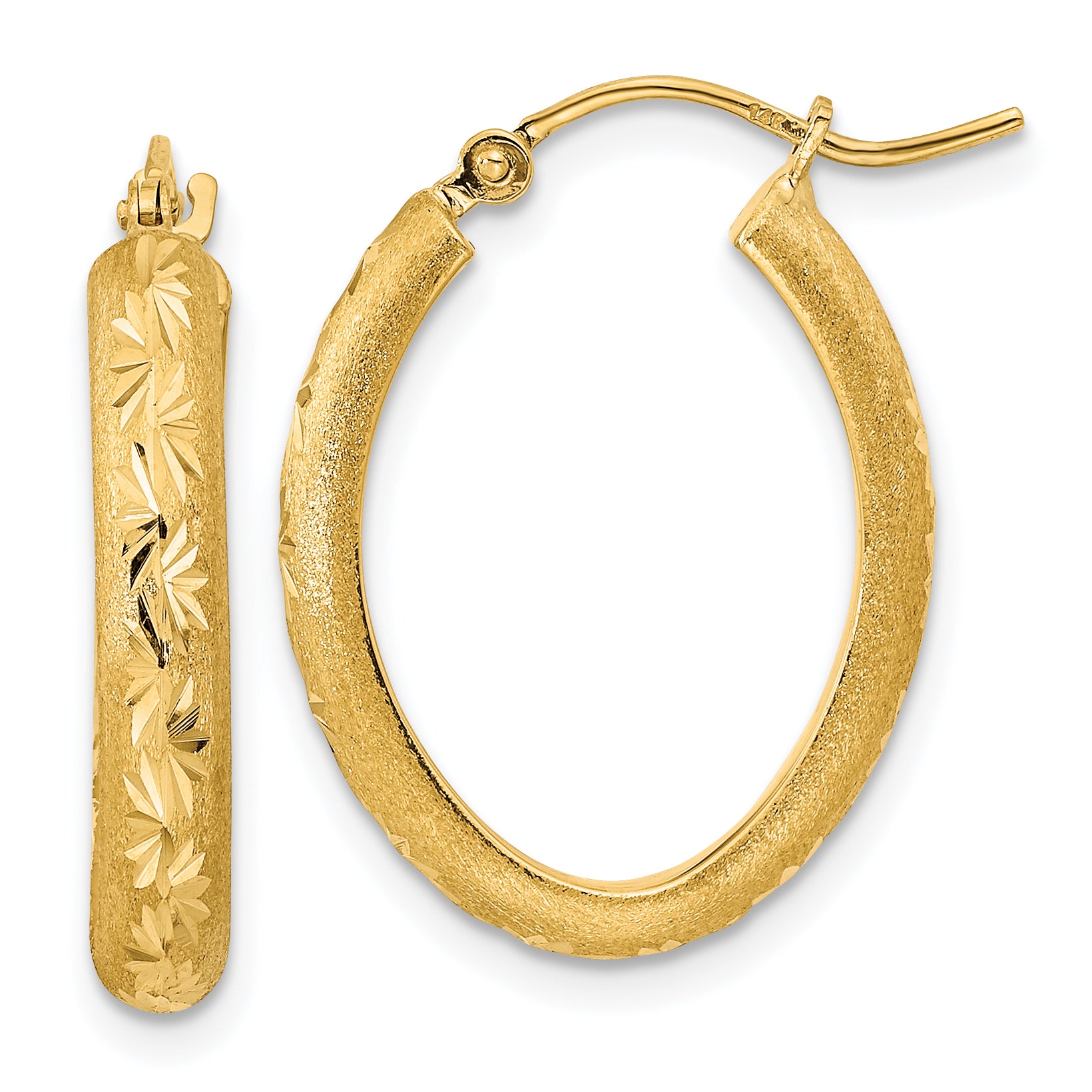 14K Polished and Satin Diamond-cut Oval Hoop Earrings Main image