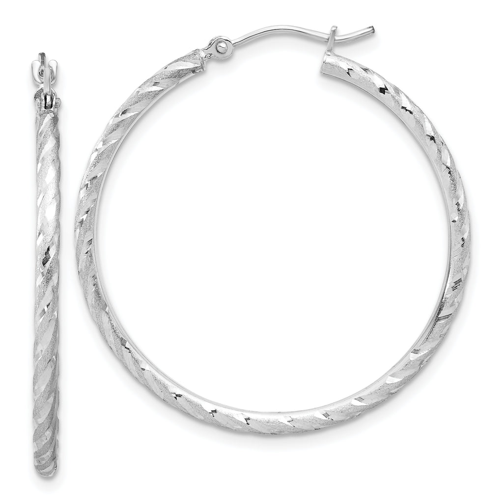 14k White Gold Polished and Satin D/C 2.00mm Hoop Earrings