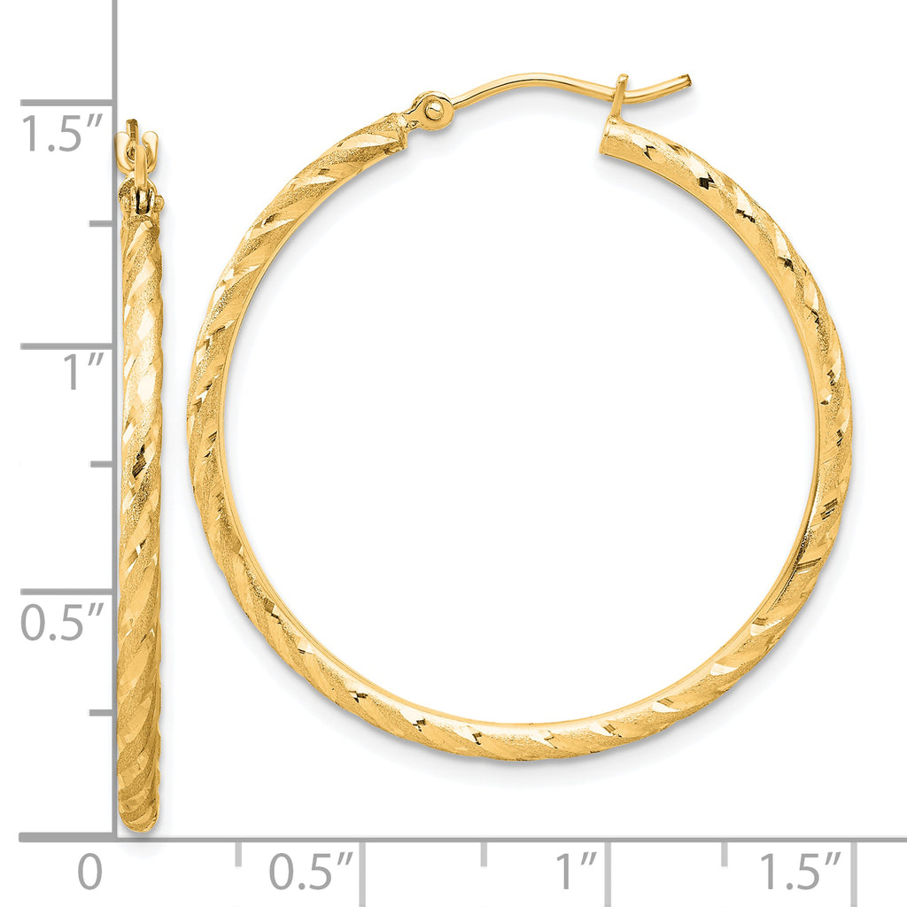 14k Polished and Satin D/C 2.00mm Hoop Earrings