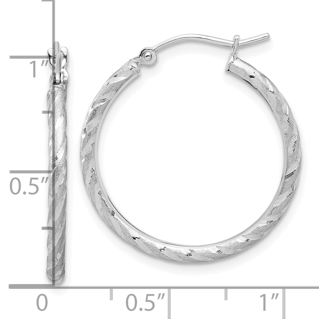 14k White Gold Polished and Satin D/C 2.00mm Hoop Earrings
