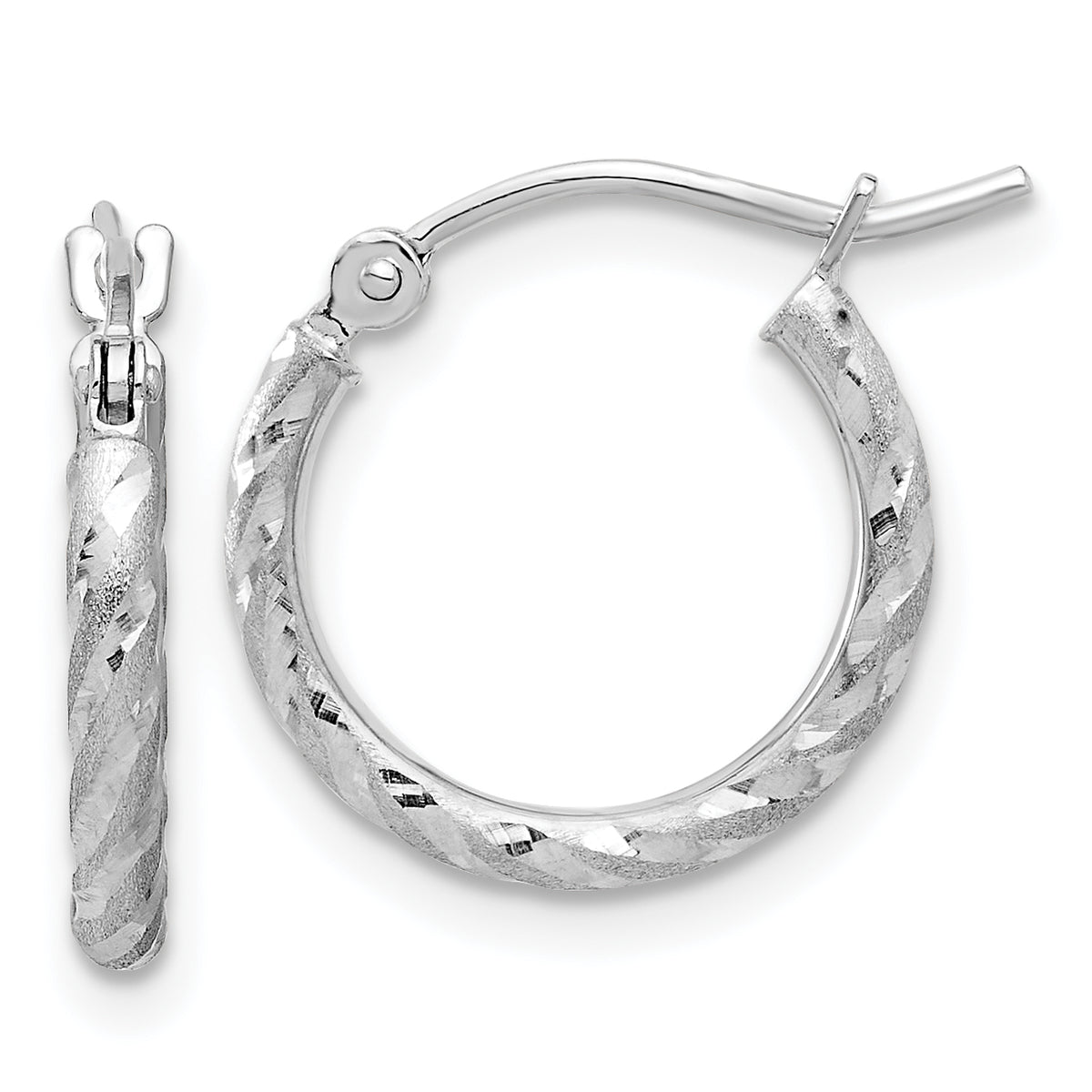 14k White Gold Polished and Satin D/C 2.00mm Hoop Earrings