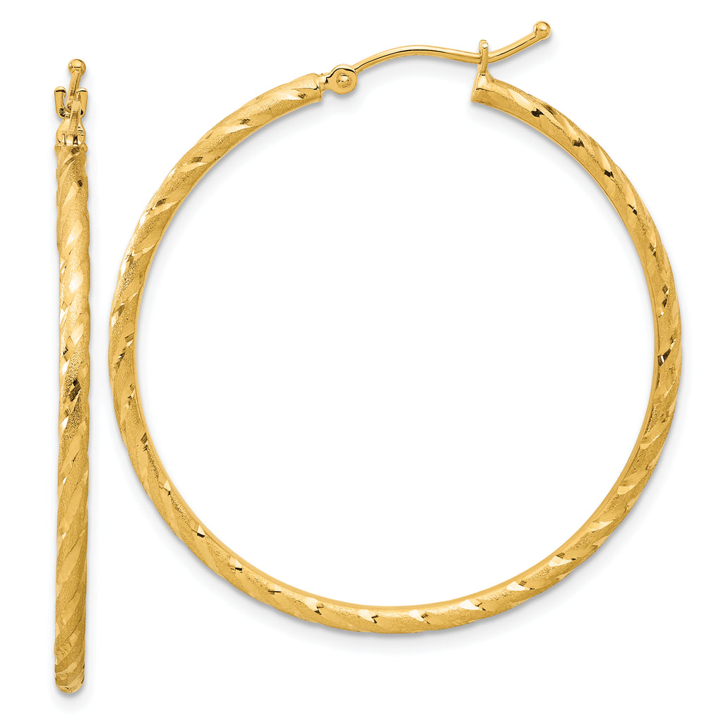14k Polished and Satin D/C 2.00mm Hoop Earrings