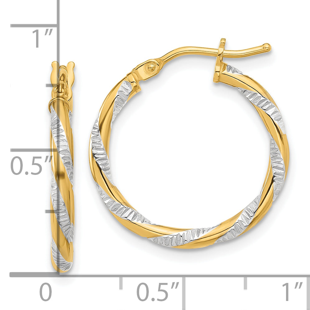 14K and White Rhodium Polished Diamond-cut Hoop Earrings