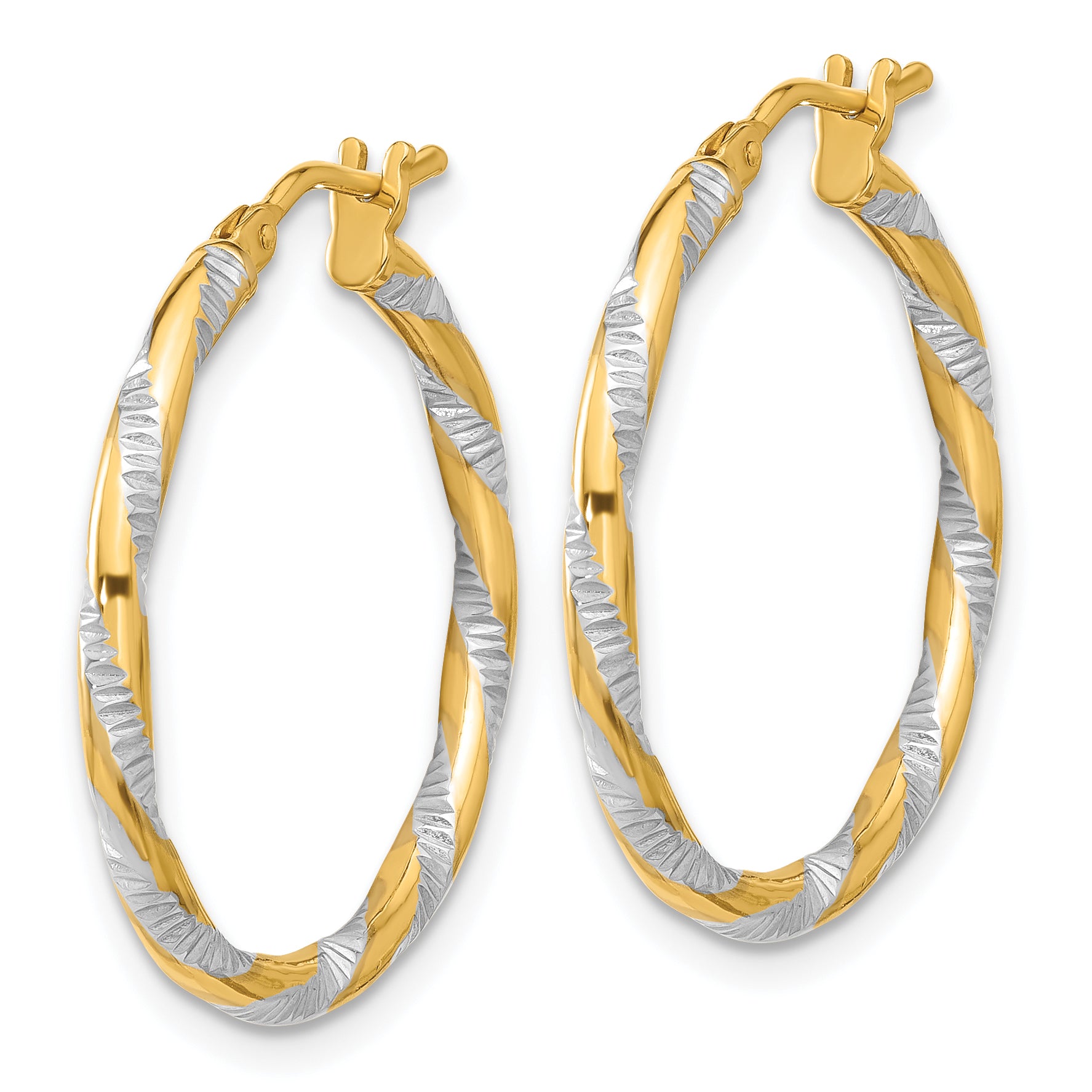 14K and White Rhodium Polished Diamond-cut Hoop Earrings Secondary image
