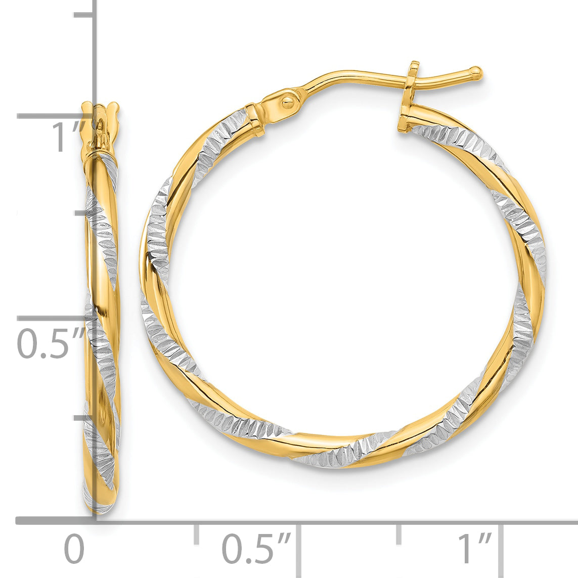 14K and White Rhodium Polished Diamond-cut Hoop Earrings