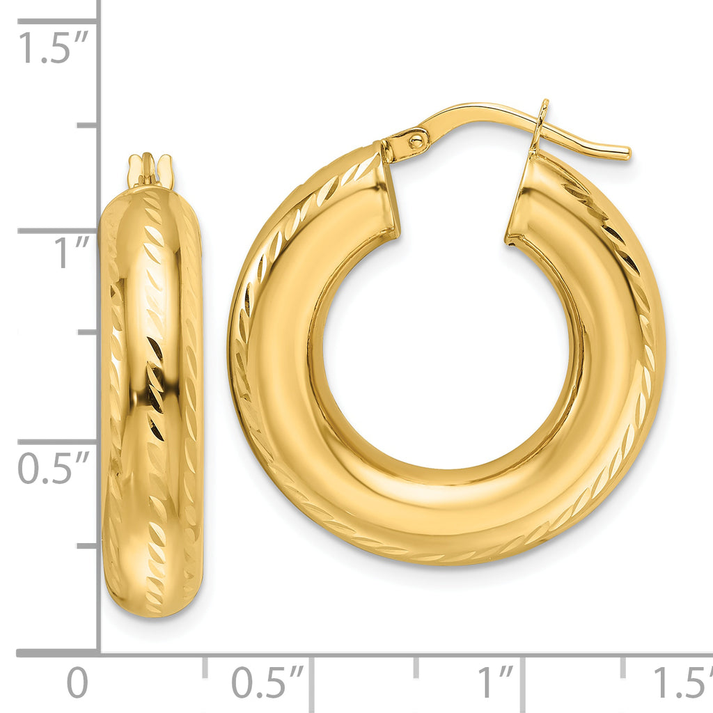 14k Polished Diamond-cut 6mm Hollow Round Hoop Earrings
