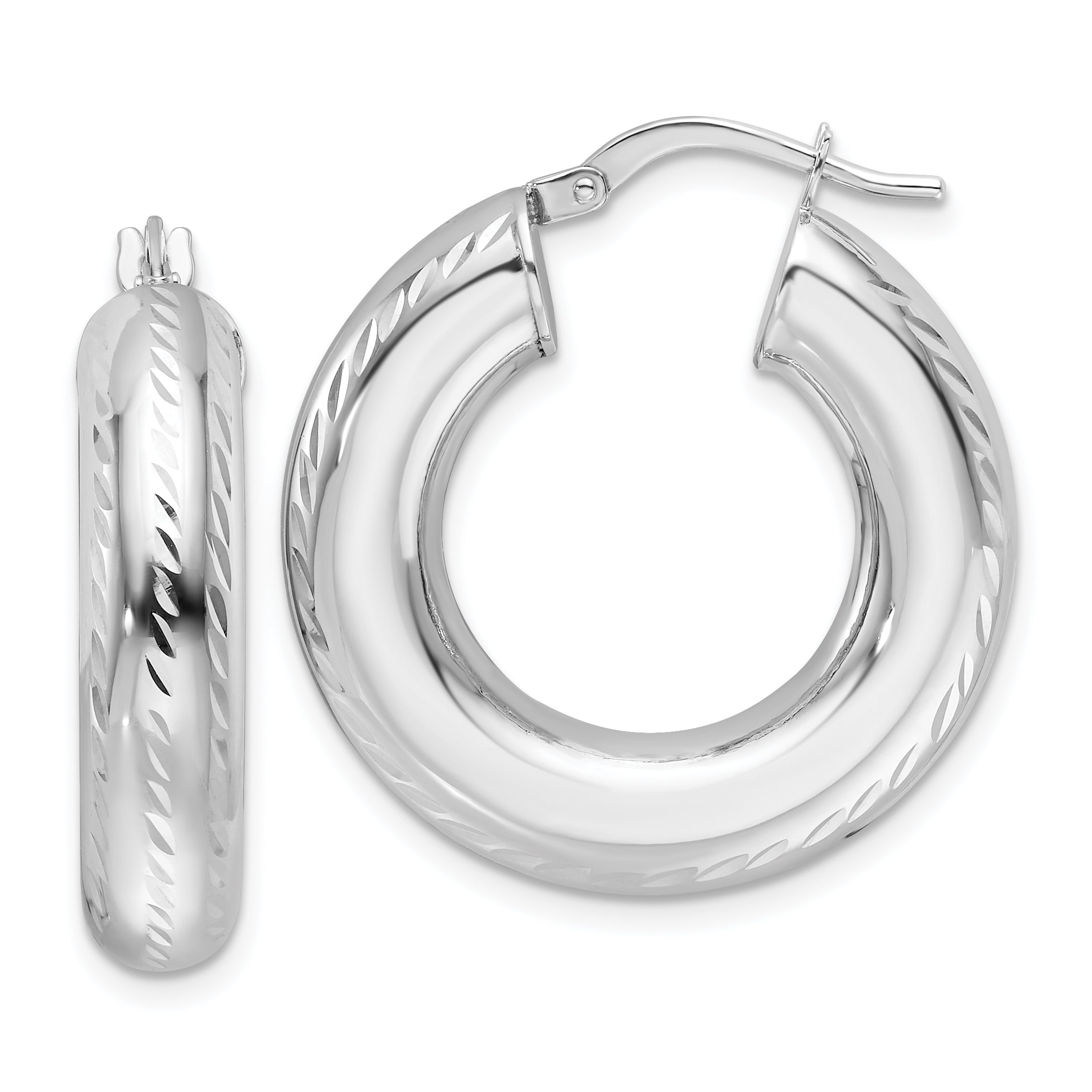 14k White Gold Polished D/C 6mm Hollow Round Hoop Earrings Main image