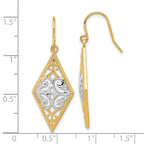 14K and White Rhodium-plated Diamond-Shape Filigree Dangle French Hook Earrings