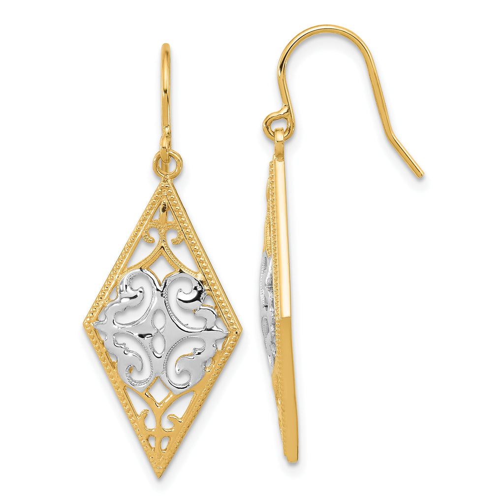 14K and White Rhodium-plated Diamond-Shape Filigree Dangle French Hook Earrings