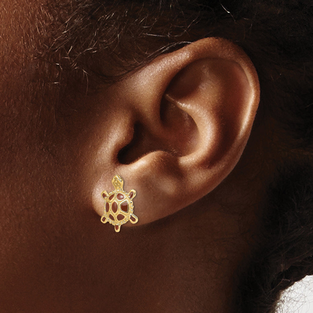14K Sea Turtle W/Spiny Brown Enamel Shell Earrings