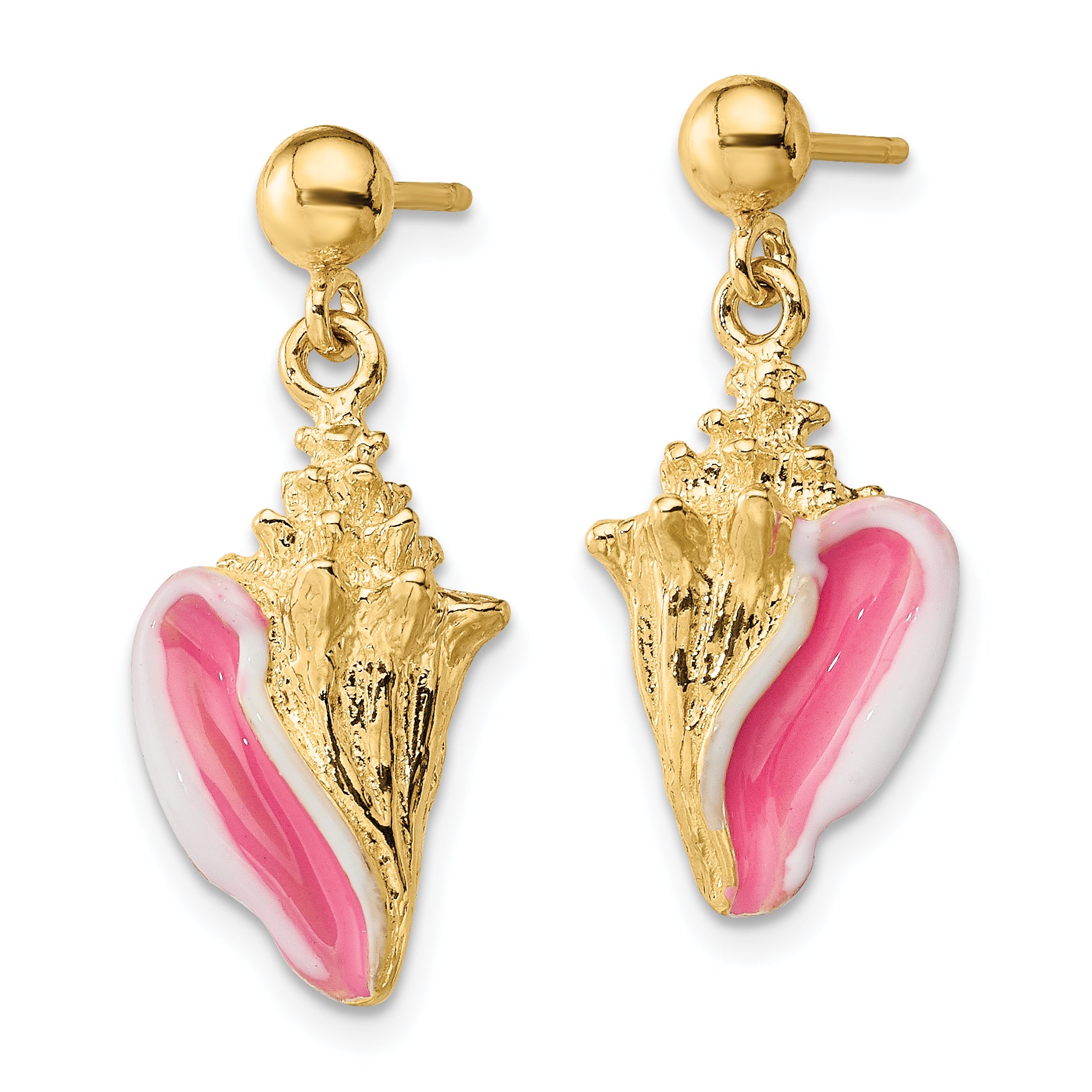 14K White and Pink Enamel Conch Shell Dangle Earrings