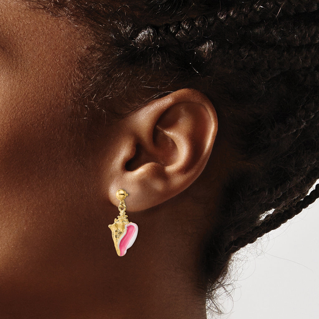 14K White and Pink Enamel Conch Shell Dangle Earrings