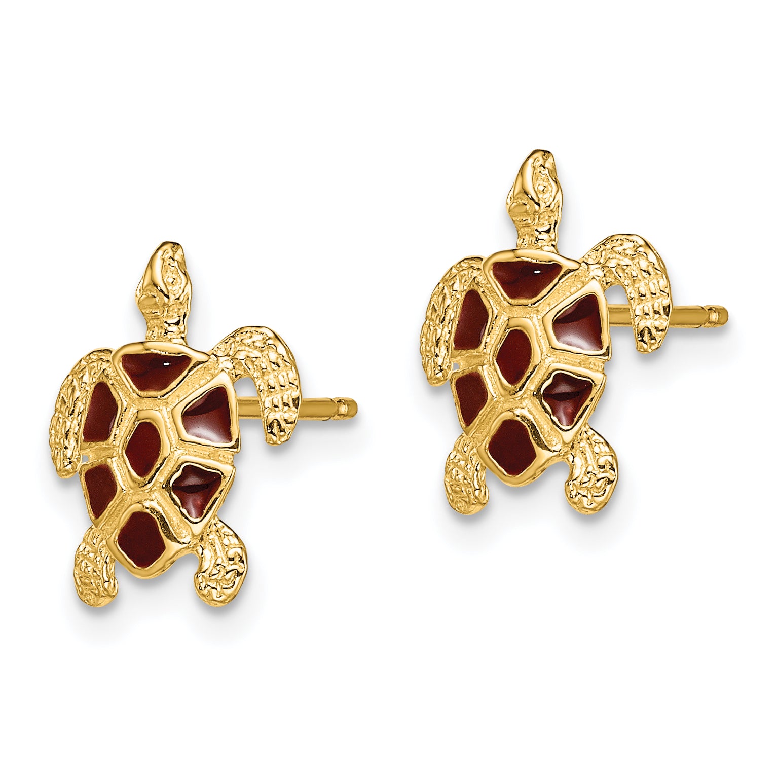 14K Sea Turtle  W/Brown Enamel Shell / Textured Post Earrings Secondary image